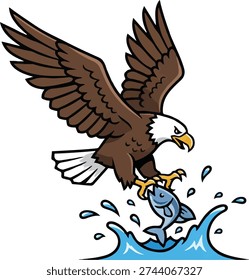 Bald Eagle Catching Fish from Water Mascot, American Eagle Hunting Salmon Vector Illustration, Bird of Prey Logo with Water Splash