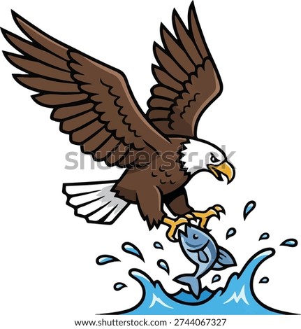 Bald Eagle Catching Fish from Water Mascot, American Eagle Hunting Salmon Vector Illustration, Bird of Prey Logo with Water Splash