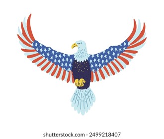 Bald Eagle design with American color flag. American eagle with wings painted USA flag. Vector flat illustration isolated on white background. Patriotic drawing wild bird with national symbol