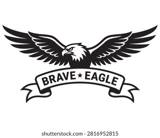 Bald eagle emblem with Brave Eagle banner. Patriotic military or sports logo featuring fierce raptor wings spread in triumph.