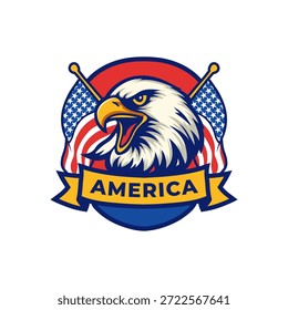 Emblema de águia careca com bandeiras americanas cruzadas e vetor de banner de texto da América
