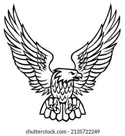 Bald eagle emblem, with spread wings, heraldic symbol, bird, predator, wild animal, vector, illustration in black and white color, isolated on white background