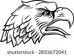 A bald eagle, falcon or hawk mascot profile bird head design in a vintage woodcut etching or engraving style.