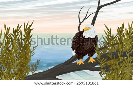 A bald eagle is fishing on the river bank. A bird of prey sits on a tree branch above a cliff above the sea. Realistic vector landscape