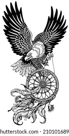 bald eagle in flight with a dream catcher. American native Indians dreamcatcher. Black and white tattoo style vector illustration