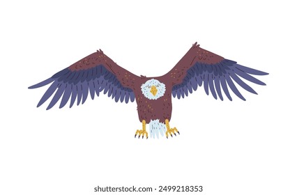 Bald Eagle Flug Vorderansicht Vektor flaches Symbol. Amerikanischer Adler mit weißem Schwanz und Kopf. Wilder, großer Raubvogel, der in die Höhe schießt. Cartoon-Falken oder -Falken, Fleischfresser-Tierjagd mit voller Spannweite einzeln