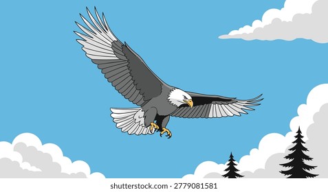 Bald eagle flying across a clear blue sky with white clouds and tall pine trees in a beautiful nature vector illustration.