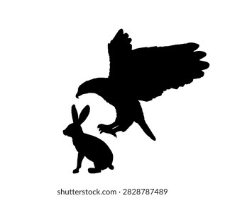 Bald eagle flying and attack rabbit vector silhouette illustration isolated on white background. Eagle soaring with spread wings. Food chain, predator hunter catch a prey. Animal wildlife nature scene