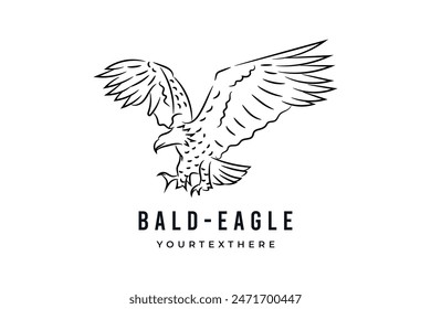 Bald eagle flying bird, hand drawn line drawing vector logo illustration