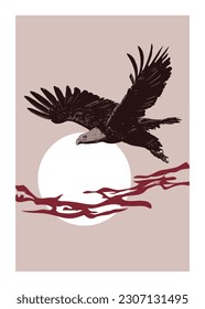 Bald eagle flying by an exotic tree branch. Hand draw vector illustration with light background