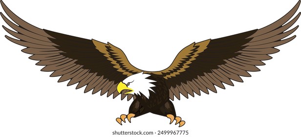 Bald eagle flying, cartoon bird of prey.soaring of sea eagle to hunt and feed, predatory mascot. Cartoon predator with sharp talons, strong wings vector illustration