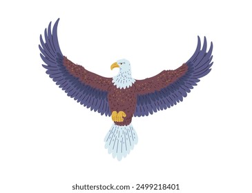 Bald Eagle fliegendes Symbol. Amerikanischer Adler mit weißem Schwanz und Kopf. Wilder, großer Raubvogel, der in die Höhe schießt. Cartoon, Vektorgrafik, flache Illustration von Falken oder Falken, Fleischfresser, Tierflug mit voller Spannweite, einzeln