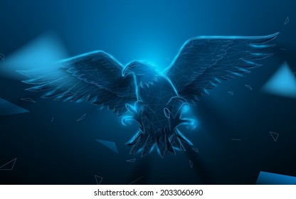 Bald eagle flying. Low polygon line, triangles, and particle style design. Abstract geometric wireframe light connection structure