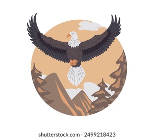 Bald Adler fliegen auf Bergen Landschaft. Wilder, großer Raubvogel, der in die Höhe schnellt. Amerikanischer Adler mit weißem Schwanz und Kopf. Cartoon-Vektorgrafik, flache Illustration eines Falken oder Falkenflugs im runden Rahmen