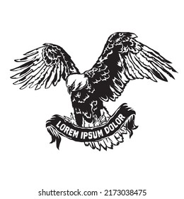 Bald Eagle flying vector illustration in vintage hand drawn style, perfect for tshirt design and brand logo