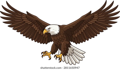 Bald eagle flying with wings spread vector illustration, fierce american hawk mascot cartoon isolated