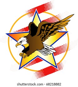 Bald Eagle in front of patriotic background.