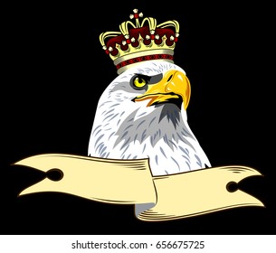 The bald eagle in the golden crown and with the banner