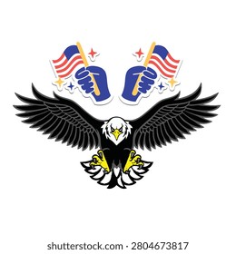 BALD EAGLE WITH HAND HOLD USA FLAG MAP INDEPENDENCE DAY