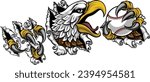 A bald eagle or hawk with claw talons holding a baseball ball and ripping or tearing through the background. Sports Mascot