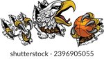 A bald eagle or hawk with claw talons holding a basketball ball and ripping or tearing through the background. Sports Mascot