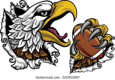 A bald eagle or hawk with claw talons holding an American football ball and ripping or tearing through the background. Sports Mascot