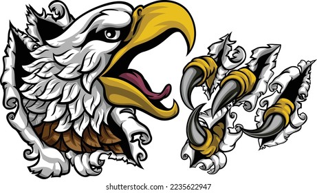 A bald eagle or hawk and claw with talons ripping or tearing through the background.