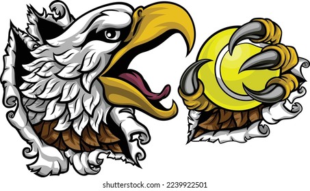 A bald eagle or hawk with claw talons holding a tennis ball and ripping or tearing through the background. Sports Mascot