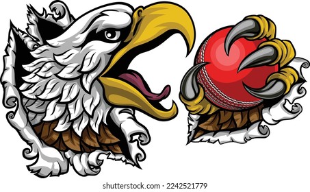 A bald eagle or hawk with claw talons holding a cricket ball and ripping or tearing through the background. Sports Mascot