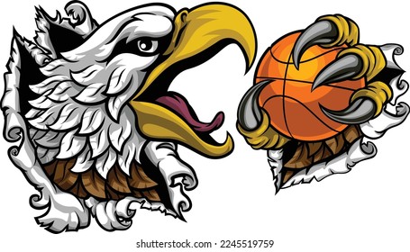 A bald eagle or hawk with claw talons holding a basketball ball and ripping or tearing through the background. Sports Mascot