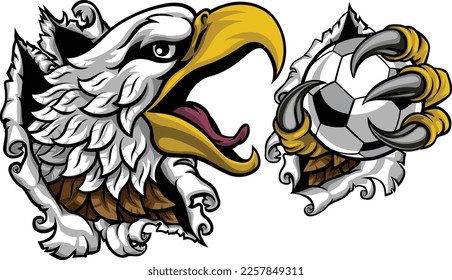 A bald eagle or hawk with claw talons holding a soccer football ball and ripping or tearing through the background. Sports Mascot