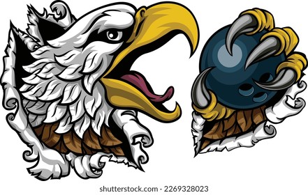 A bald eagle or hawk with claw talons holding a ten pin bowling ball and ripping or tearing through the background. Sports Mascot