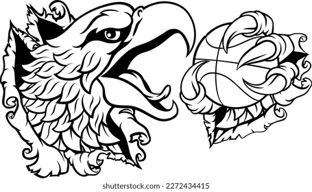 A bald eagle or hawk with claw talons holding a basketball ball and ripping or tearing through the background. Sports Mascot