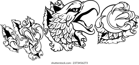 A bald eagle or hawk with claw talons holding a tennis ball and ripping or tearing through the background. Sports Mascot