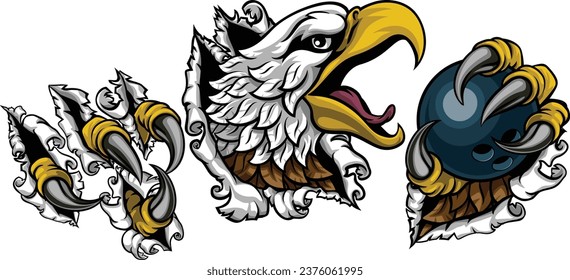 A bald eagle or hawk with claw talons holding a ten pin bowling ball and ripping or tearing through the background. Sports Mascot