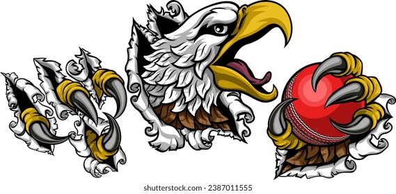 A bald eagle or hawk with claw talons holding a cricket ball and ripping or tearing through the background. Sports Mascot