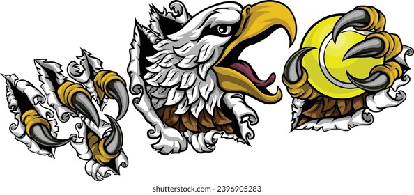 A bald eagle or hawk with claw talons holding a tennis ball and ripping or tearing through the background. Sports Mascot