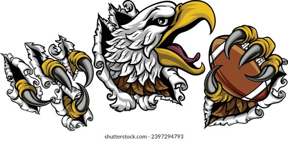 A bald eagle or hawk with claw talons holding an American football ball and ripping or tearing through the background. Sports Mascot