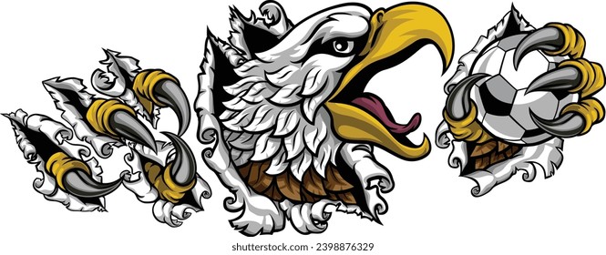 A bald eagle or hawk with claw talons holding a soccer football ball and ripping or tearing through the background. Sports Mascot