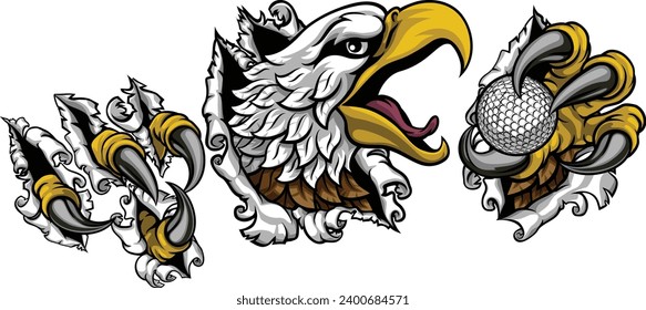 A bald eagle or hawk with claw talons holding a golf ball and ripping or tearing through the background. Sports Mascot