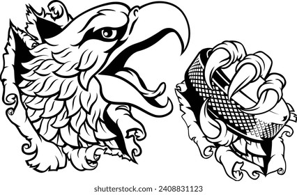 A bald eagle or hawk with claw talons holding an ice hockey puck and ripping or tearing through the background. Sports Mascot