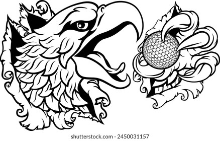 A bald eagle or hawk with claw talons holding a golf ball and ripping or tearing through the background. Sports Mascot