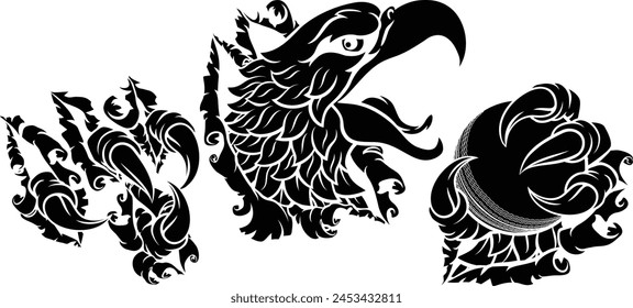 A bald eagle or hawk with claw talons holding a cricket ball and ripping or tearing through the background. Sports Mascot