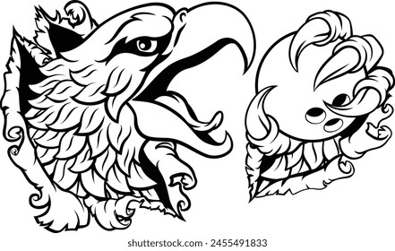 A bald eagle or hawk with claw talons holding a ten pin bowling ball and ripping or tearing through the background. Sports Mascot