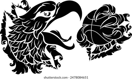 A bald eagle or hawk with claw talons holding a basketball ball and ripping or tearing through the background. Sports Mascot