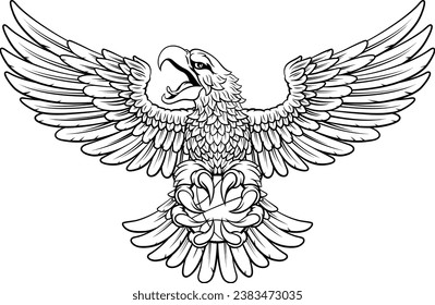A bald eagle or hawk flying with a basketball ball in their claws sports mascot