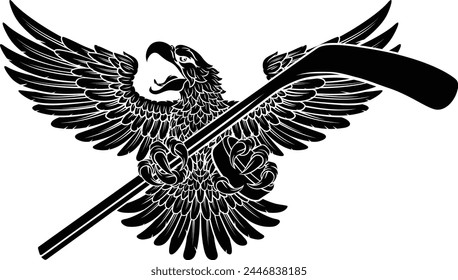 A bald eagle or hawk flying with an ice hockey puck and stick in its claws sports mascot