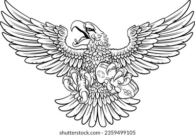 A bald eagle or hawk flying with a video game controller in its claws. Gamer e sports cartoon mascot