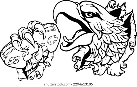 A bald eagle or hawk ripping or tearing through the background with a video game controller in its claws. Gamer e sports cartoon mascot