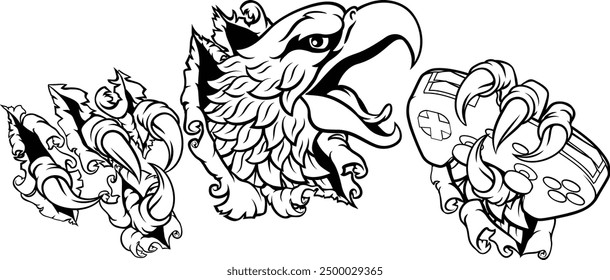 A bald eagle or hawk ripping or tearing through the background with a video game controller in its claws. Gamer e sports cartoon mascot